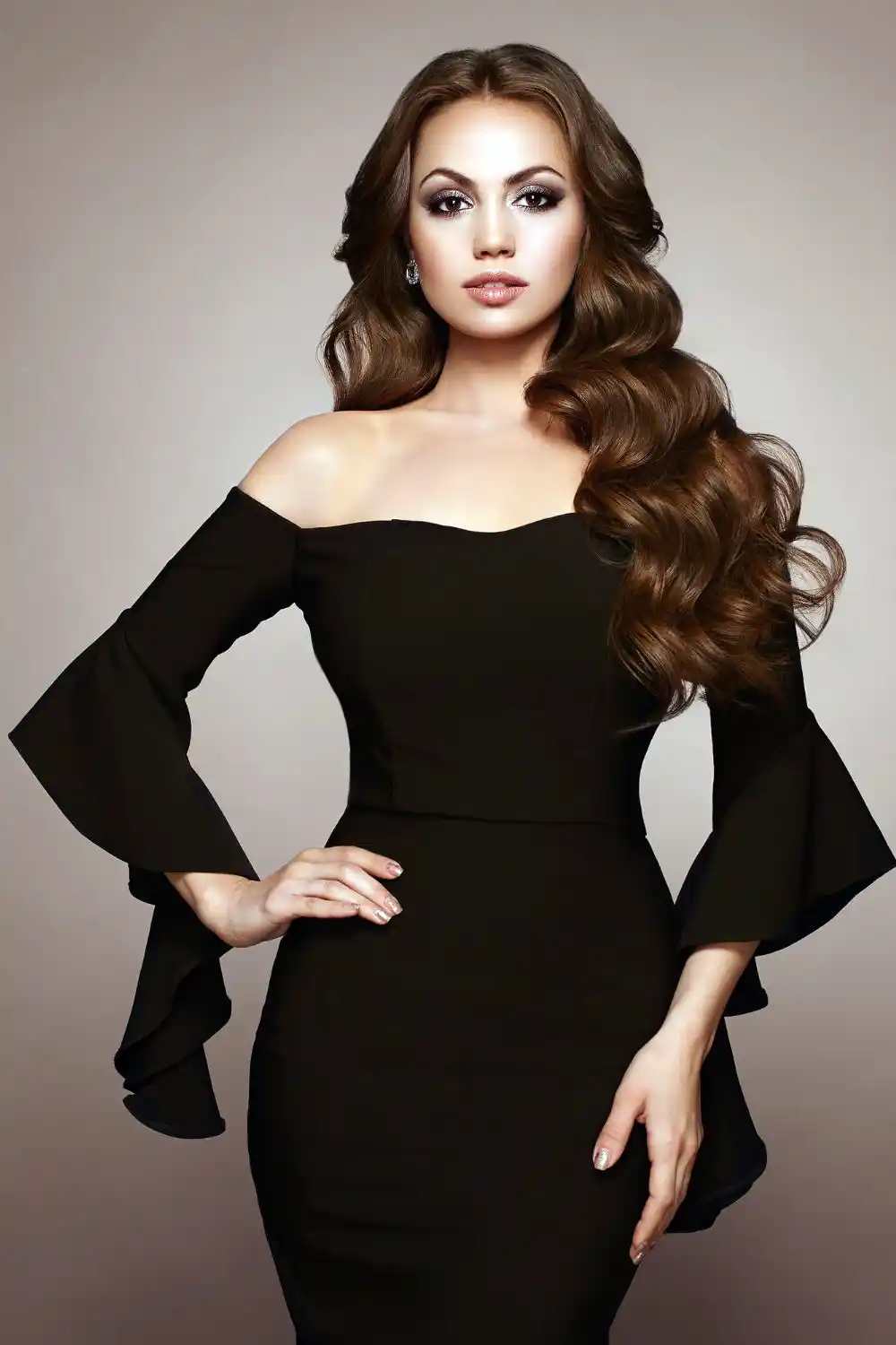 Beautiful Woman in Elegant Black Evening Dress