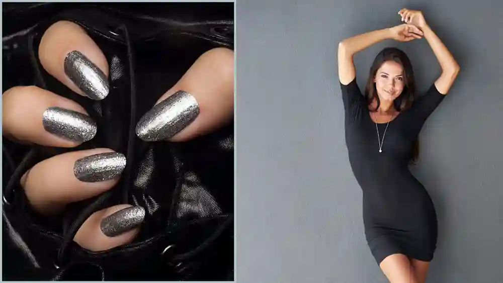 Glitter nail polish adds fun to black dress