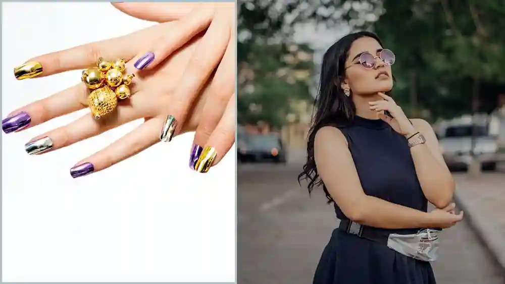 Metallic nail polish in gold or silver glamorizes black dress