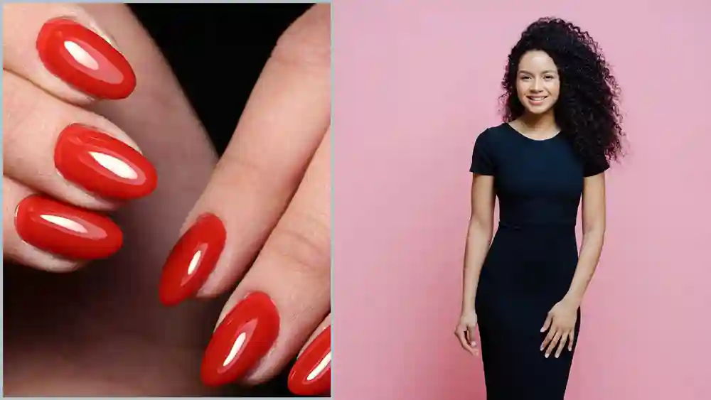 Red nails pair with black dress