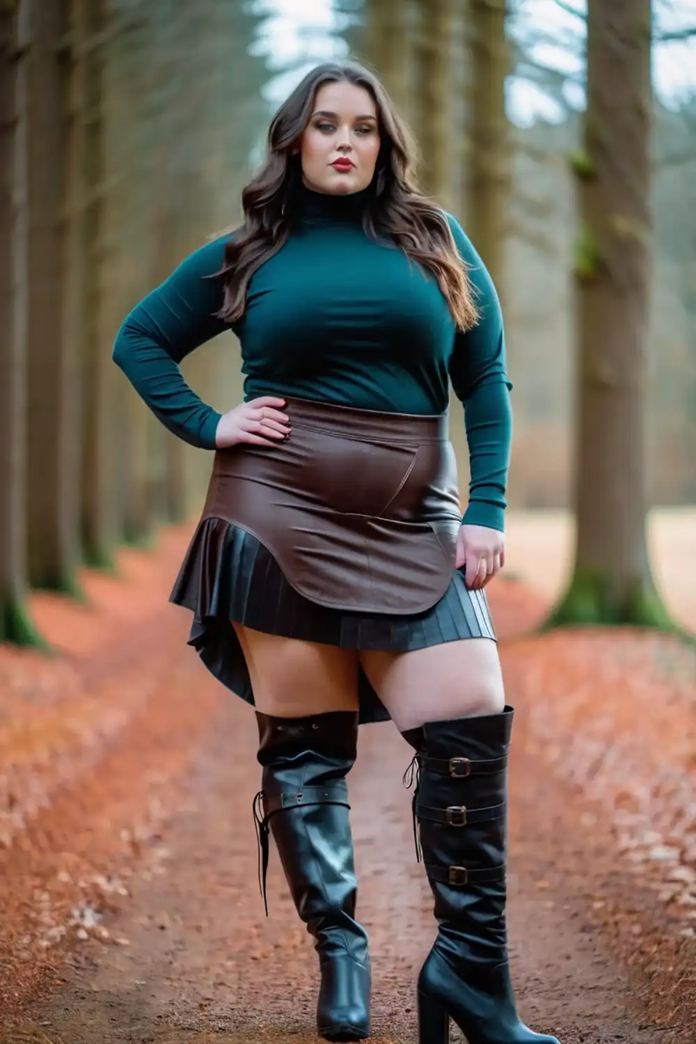 Beautiful curvy Girl wearing skirt with thigh-high boots