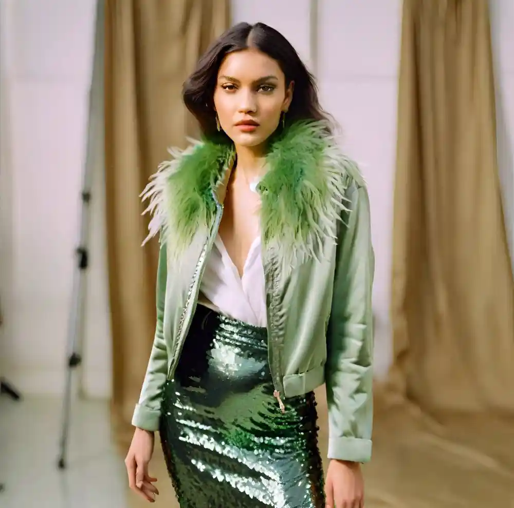 Beauty girl wearing a feathery green jacket with a green sequin skirt