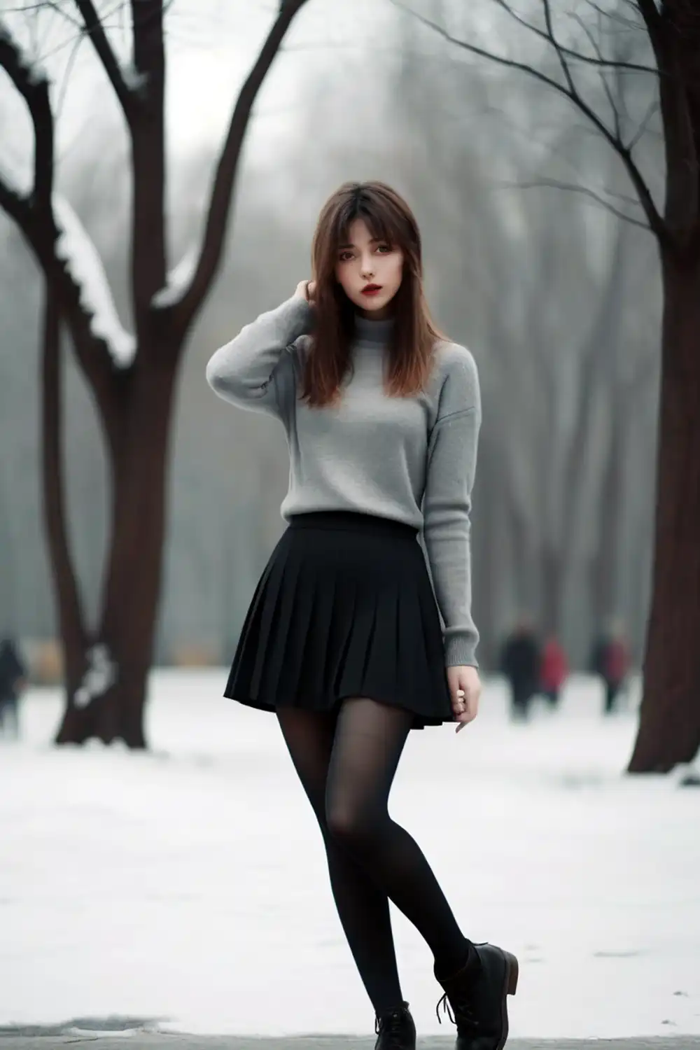 Girl wearing Opaque tights with black skirt in winter