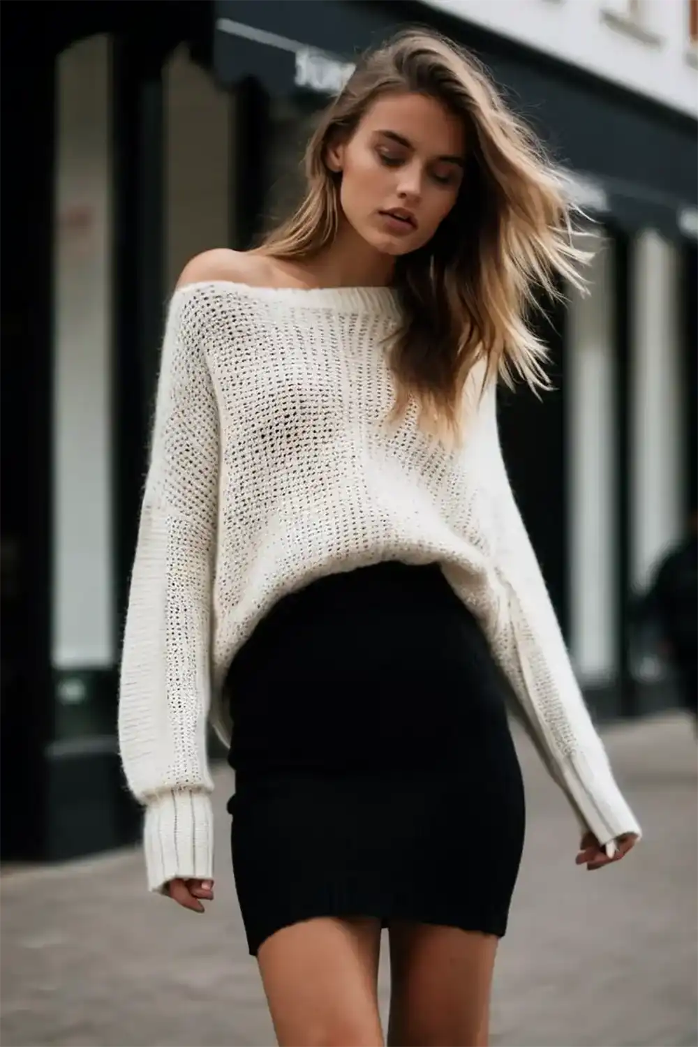 Girl wearing a black skirt with an oversized sweater