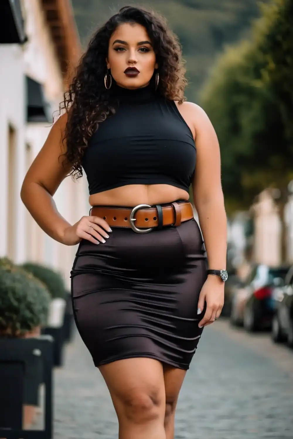Girl wearing a black skirt with belt