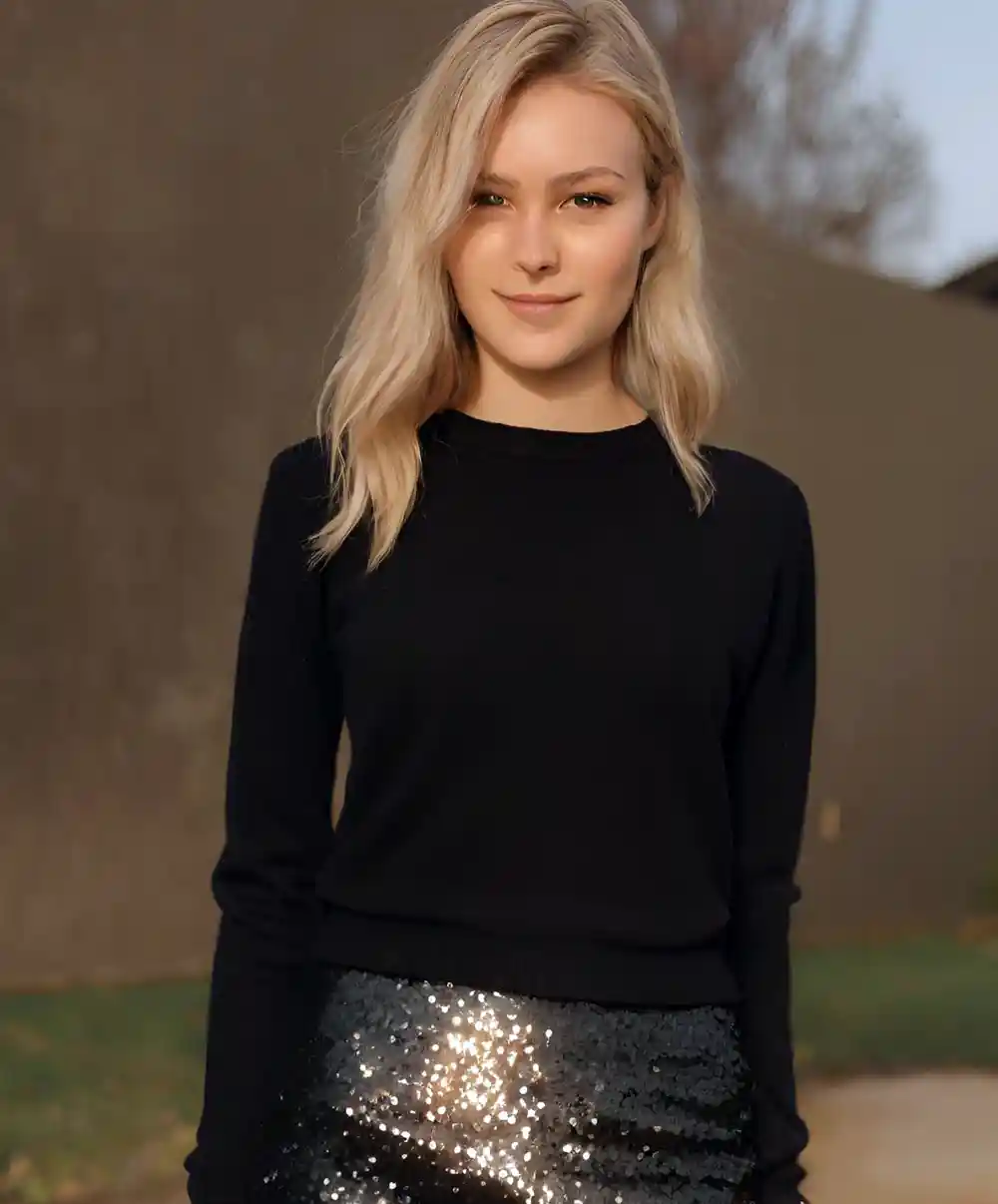 Girl wearing a black sweater with a sequin skirt