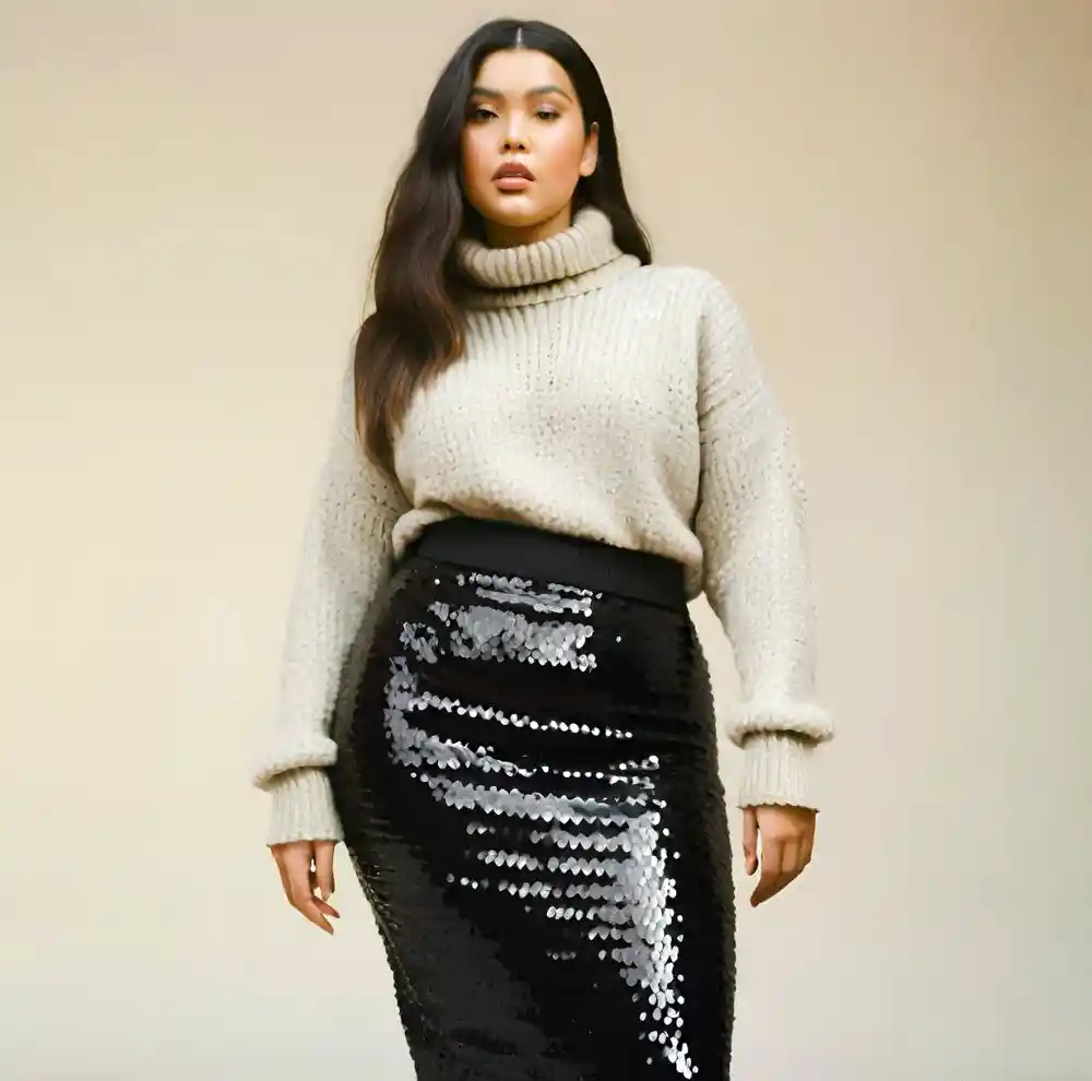 Girl wearing a chunky knit sweater with a black sequin skirt