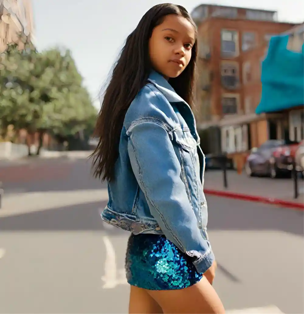 Girl wearing a denim jacket with a blue sequin skirt