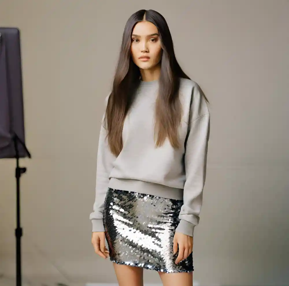 Girl wearing a grey printed sweatshirt with a sequin skirt