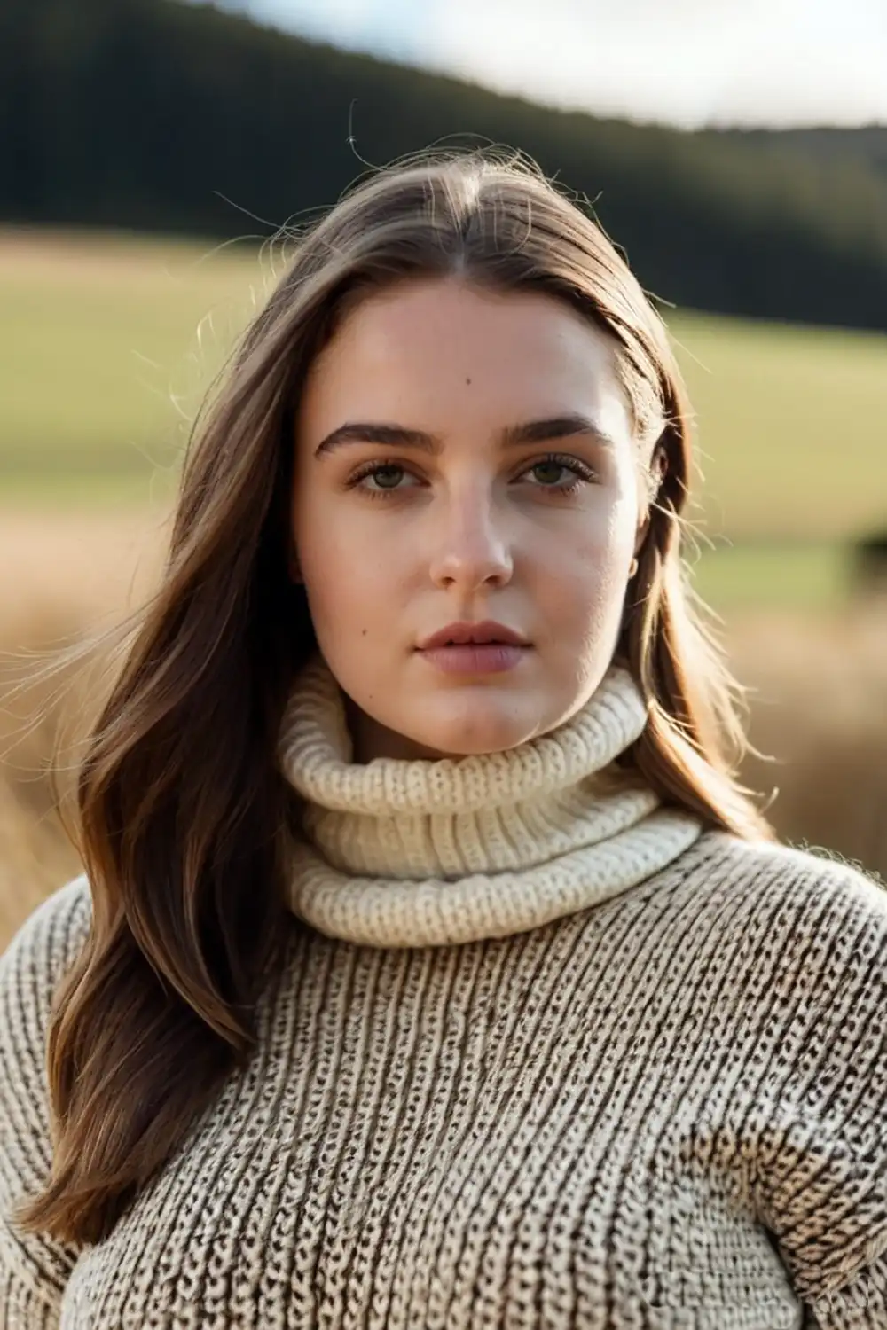 Girl wearing a roll-neck cable-knit jumper
