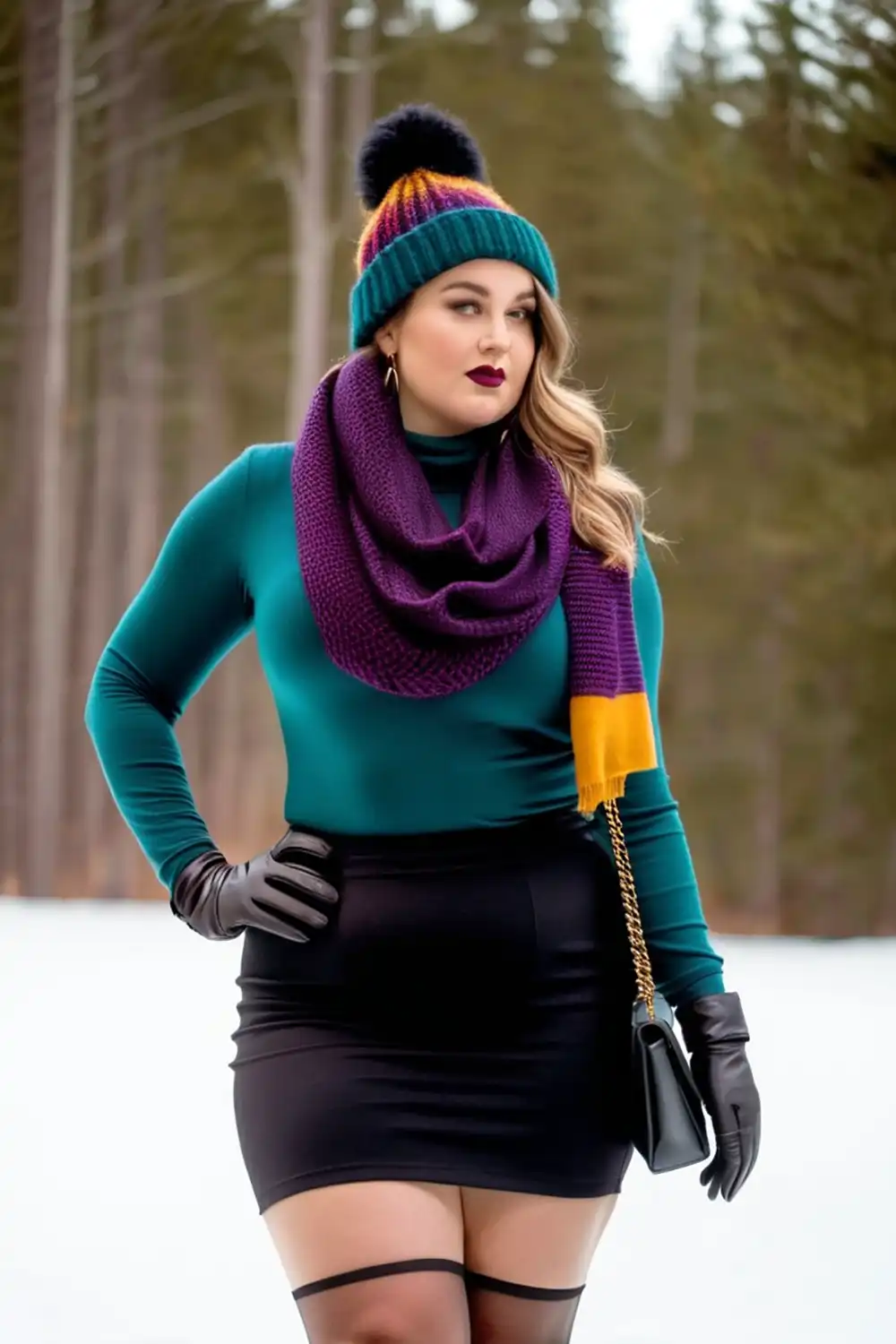 Girl wearing a tight skirt with scarves and gloves in winter