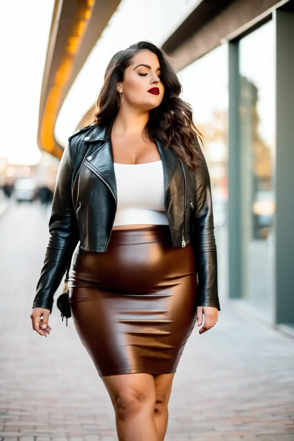 Girl wearing skirt with soft leather jacket