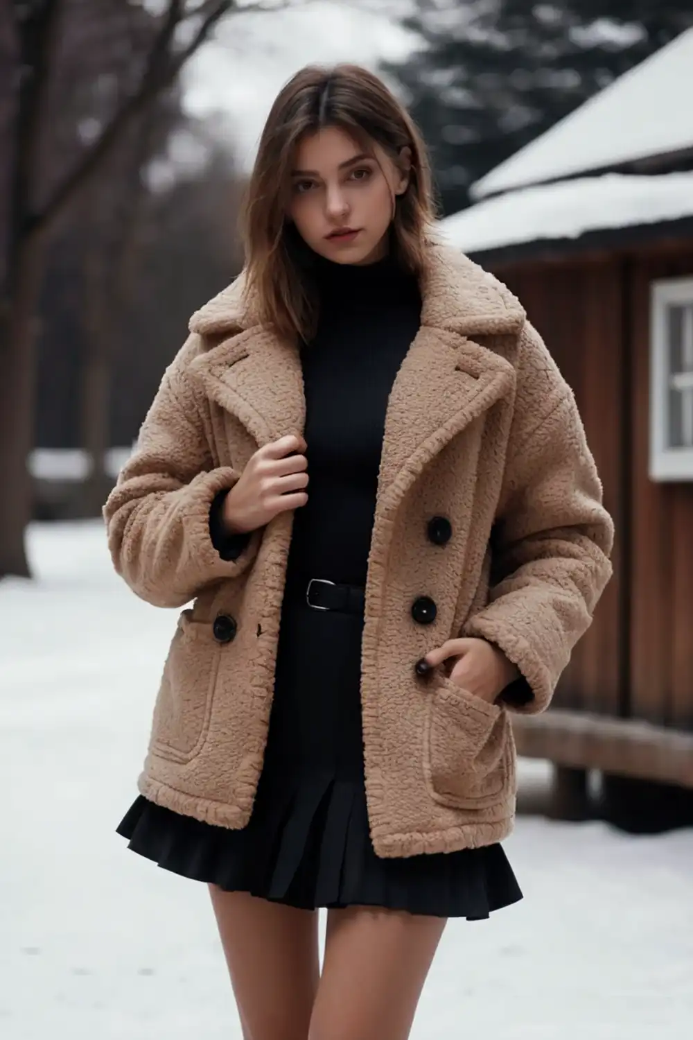 Girl wearing teddy coat with black short skirt in winter