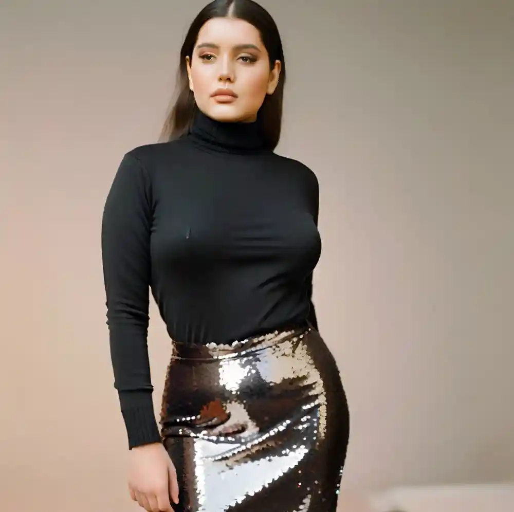 Model wearing a black turtleneck with a sequin skirt