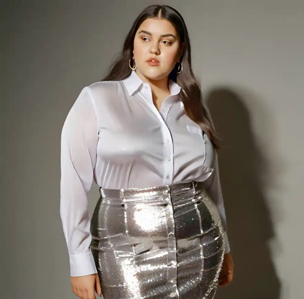Women wearing A button-down shirt with a sparkly skirt