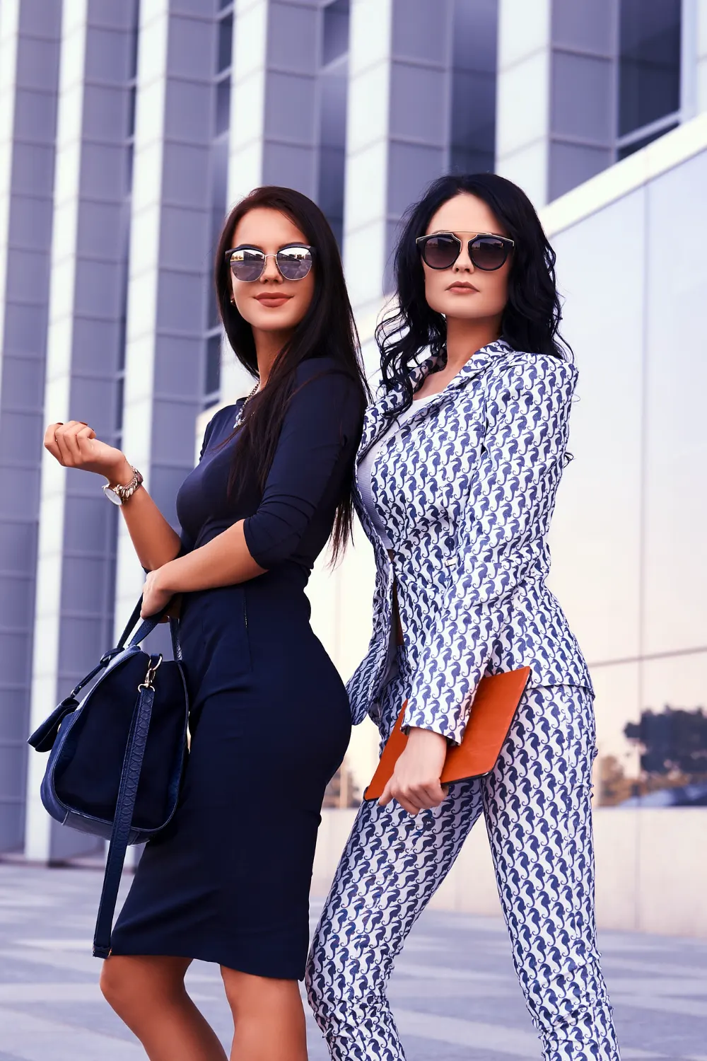 Two Business Woman Dressed in Stylish Formal Clothes